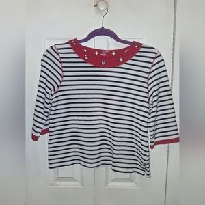Allison Daley Black and White Striped Blouse with Red Accents Petite Small